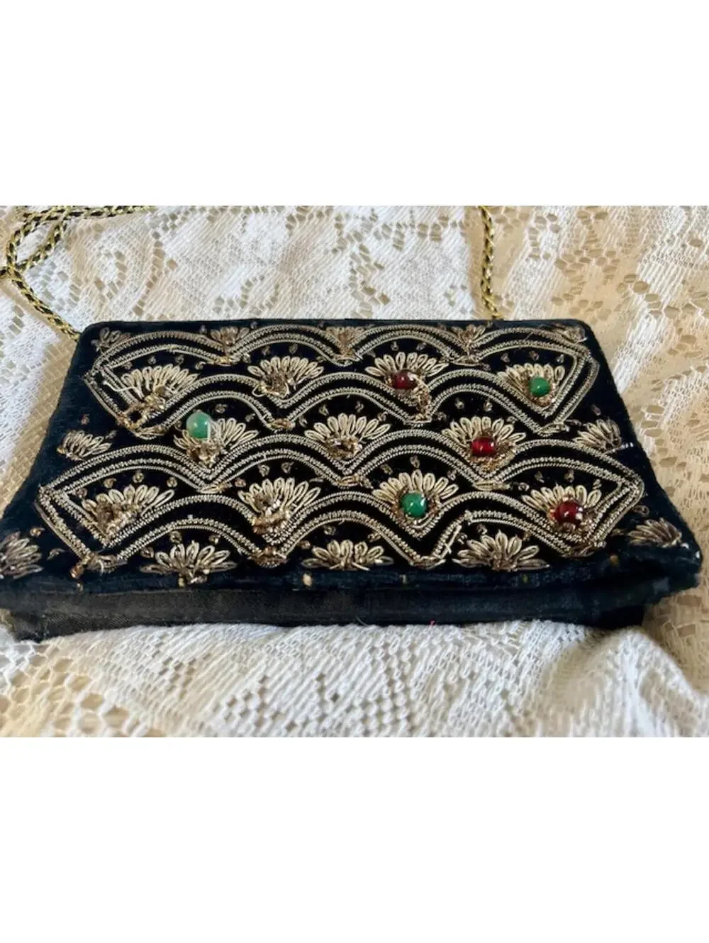 Vintage Black Embroidered Evening Bag with Chain Strap